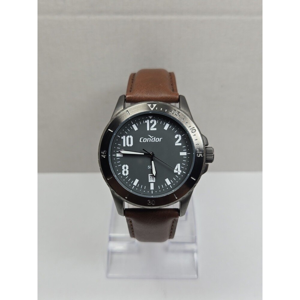Condor Mens Military Field Watch Brown Leather Strap Date Gray Dial New Battery